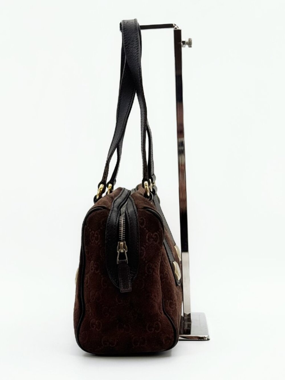 Gucci Vintage GG Monogram Suede Boston Shoulder Bag Brown Leather - Picture 4 of 13